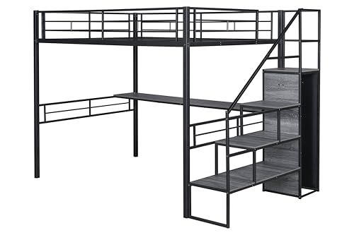 PVWIIK Staircase Queen Size Loft Bed with Desk and Wardrobe,High Loft Bed Frame for Kids Youths Adults Dorm Bedroom, No Box Spring Needed,Black PVWIIK
