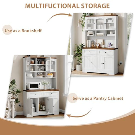 Garvee 71" Pantry Cabinet with Charging Station, Tall Kitchen Pantry Storage Cabinet with Microwave Stand, Farmhouse Kitchen Hutch with Storage Drawers for Living Room, Dining Room, White Garvee
