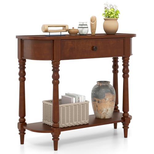 Giantex 2-Tier Console Table, 36" Retro Entryway Table with Storage Drawer & Elegant Legs, Narrow Wooden Sofa Table with Open Shelf for Living Room, Foyer, Hallway, Bedroom, Entrance (Brown) Giantex