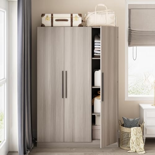 ECACAD Wardrobe Armoire with 4-Tier Shelves, Hanging Rod and 3 Doors, Wooden Closet Storage Cabinet for Bedroom, Brown Grey (47.2”W x 18.9”D x 70”H) ECACAD
