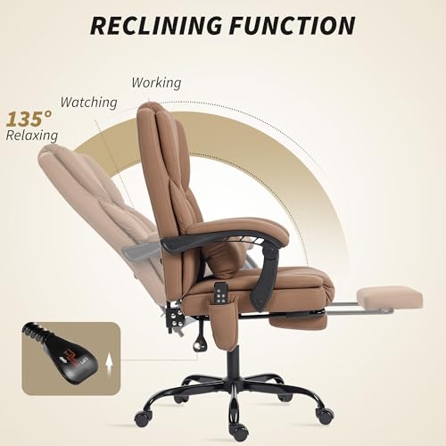 HOMCOM Massage Office Chair with 6 Vibration Points, Pet-Friendly Faux Leather, Reclining Desk Chair with Lumbar Support, Footrest, Adjustable Height, Swivel Wheels, Remote, Brown HOMCOM