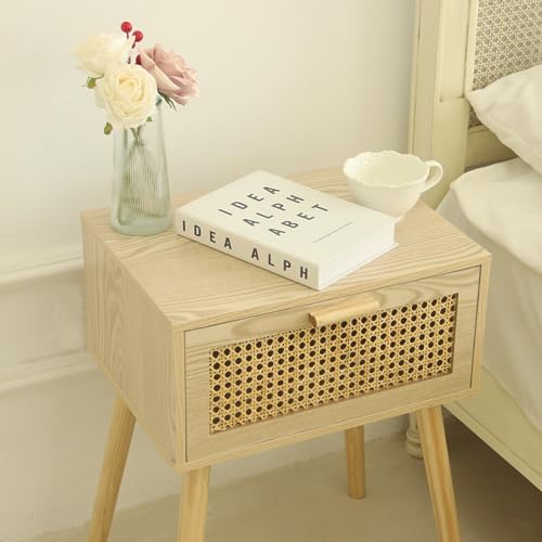 AWASEN Rattan Nightstand, Bedside Table with Rattan Drawer, Wood End Table with Storage and Solid Wood Legs for Bedroom Living Room Small Space (Walnut) AWASEN