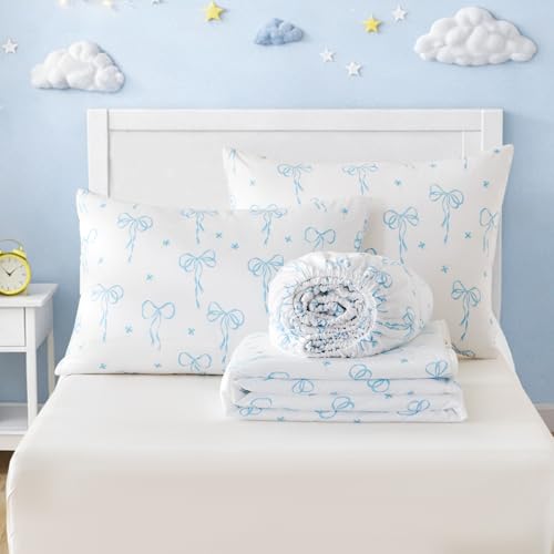 Bildenly Bow Zipper Bedding Twin for Girls, Bed in a Bag, Comforter Set White - Light Blue Bow Quilt with All-in-One Zipper Design, Cute Bow Quilt Set for Girls & Boys Bildenly
