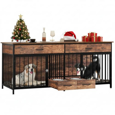YITAHOME 74.8" Double Dog Crate Furniture with Dog Feeder, Heavy Duty Indoor Dog Kennel TV Stand with Drawers, Sturdy Dog Kennel with Divider for 2 Medium Large Dogs, Brown YITAHOME