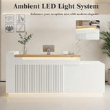 63" L-Shaped Reception Desk with LED Lights and Slatted Grille, Modern Front Desk with Built-in Outlets for Salon, Retail Store,Office,White Checkout Counter with Dimmable Switch,Reception Counter Laxodor