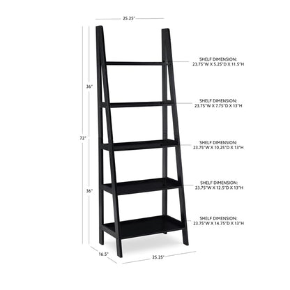 Linon Archdale Black 72" Open Back Ladder Bookshelf with 5 Adjustable Shelves - WoodArtSupply