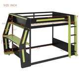 Full Size Bunk Bed with Desk & Charging Station & RGB Light Strip,Wooden Gaming Bunk Bed Frame with Storage Shelves,Safety Guardrails & Ladder for Bedroom,Under-Bed Space,No Box Spring Needed,Green FUvellamo