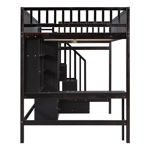 SOFTSEA Espresso Full Size Loft Bed with Desk, Wardrobe, and Storage Steps for Kids - WoodArtSupply