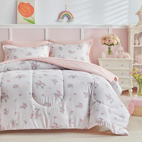 Joyreap 6pcs Bed in a Bag for Girls, Floral Pink Design, Twin Size Microfiber Comforter Sheet Set, Soft Cozy Bedding Comforter Set for All Season Joyreap