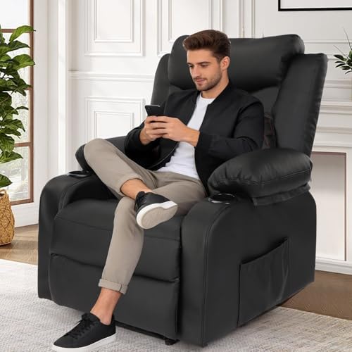linting Massage Recliner Chairs with Heat, Wide Seat Reclining Lounge Chair for Home Theater, Faux Leather Heated Massaging Manual Recliner Chair with Cup Holder for Adult, Black