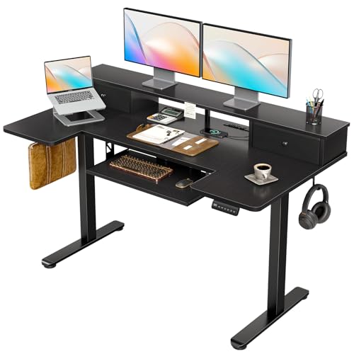 OffiGo U Shaped Electric Standing Desk with Drawers, 55 Inch Height Adjustable Desk with Keyboard Tray ＆ Ergonomic Monitor Stand, Sit Stand Table with Power Outlets for Home, Office, Black
