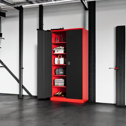 MIIIKO Metal Storage Cabinet with Locking Doors, 72" Tall Steel Cabinets with 5 Shelves, Red Garage Storage Cabinet Heavy Duty, 18" Deep Locker Cabinet for Office Pantry Workshops