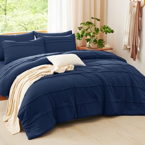 CozyLux Full Size Comforter Sets Navy Blue, 7 Pieces Soft Pinch Pleat Bed in a Bag Full Comforter Set with Sheets, Boho Bed Set with Down Alternative Comforter, Sheets, Pillowcases & Shams CozyLux