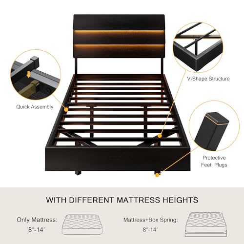 Einhomn Floating Bed Frame Twin Size with Led Headboard and Charging Station, Metal Platform Bed Base with Storage, Remote Control, Heavy Slats Support, No Box Spring Needed, Noise Free, Black Einhomn