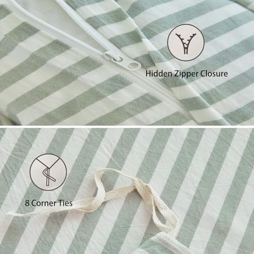 XINMIANFANG Striped Duvet Cover Set Full Size 3 Pcs 100% Washed Cotton Linen Like Textured Natural Wrinkle Comfy Breathable (Full, Classic Stripe-Sage Green/White) XINMIANFANG