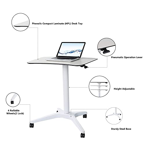 CARTMAY Mobile Standing Desk,Pneumatic Height Adjustable Laptop Desk, Mobile Laptop Desk with Wheels, Height Adjustable from 29.5'' to 47'',White CARTMAY