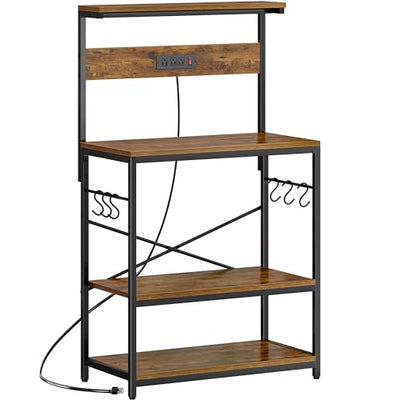SUPERJARE Bakers Rack with Power Outlets, Microwave Stand, 31.5 X 16.5 Inch Larger Desktop, Kitchen Storage Rack with Adjustable Middle Shelf, 6 S-Shaped Hooks, Coffee Bar Stand, Rustic Brown