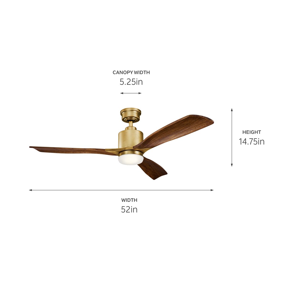 Kichler Ridley II 52" Ceiling Fan and Light Kit in Natural Brass, 3-Blade LED Ceiling Fan in Cherry Finish, 3000K, (52" W x 14.5" H), 300027NBR Kichler