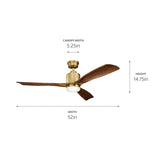 Kichler Ridley II 52" Ceiling Fan and Light Kit in Natural Brass, 3-Blade LED Ceiling Fan in Cherry Finish, 3000K, (52" W x 14.5" H), 300027NBR Kichler