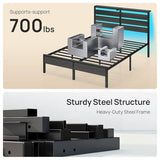 Rolanstar Queen Bed Frame with LED Lights and Charging Station, Wood Storage Headboard and Under Bed Storage, Metal Platform, Noise Free, No Box Spring Needed, Balck Oak Rolanstar