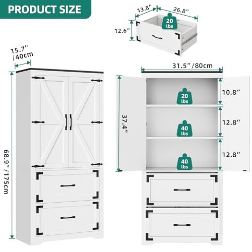 YITAHOME Pantry Cabinet, Wooden Kitchen Storage Cabinet, Storage Pantry with 2 Drawers and Adjustable Shelves, Farmhouse Versatile Storage for Living Room, Dining Room or Hallway, White - WoodArtSupply