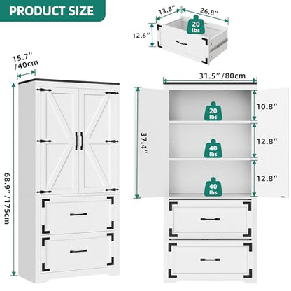YITAHOME Pantry Cabinet, Wooden Kitchen Storage Cabinet, Storage Pantry with 2 Drawers and Adjustable Shelves, Farmhouse Versatile Storage for Living Room, Dining Room or Hallway, White - WoodArtSupply