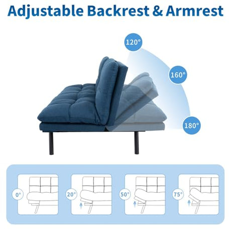 MUUEGM Futon Sofa Bed, 71" Convertible Linen Memory Foam Couch Bed, Modern Backrests Armrests Love Seat for Living Room,Apartment,Office,Blue Sleeper Couch MUUEGM