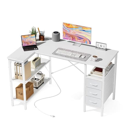DUMOS L Shaped Desk with Shelf Drawers 47 Inch, White Corner Computer Desks Gaming with Power Outlet, Study Table with Adjustable Shelves, Home Office Tables for Bedroom Teacher Reading Writing DUMOS