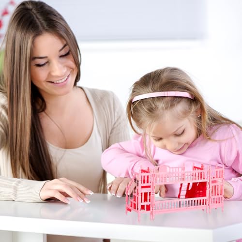 NOLITOY Miniature Bunk Bed with Slide for 6 Inch Dolls - Pink Double Deck Plastic Dollhouse Furniture Playset with Ladder & Bedding Accessories - Fits Small Dolls Figures NOLITOY