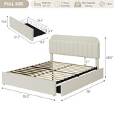 GarveeHome Full Bed Frame with Storage Headboard, Kids Bed Frame with 2 Drawers, Boucle Upholstered Platform Bed with Bookcase, No Box Spring Needed, Easy Assembly, Beige White GarveeHome