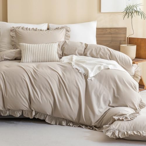 QSH Washed Cotton Duvet Cover King Ruffle Duvet Cover Linen Textured Farmhouse Shabby Vintage Chic Bedding Comforter Cover 3 PCs Aesthetic French Country Vintage King Bedding QSH