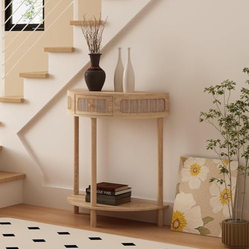 Wnutrees Rattan Half Moon Console Table, Modern Entryway Table with Drawer, Boho Sofa Table with Bottom Storage Shelf, Small Semicircular Tables for Hallway, Living Room, Natural Wnutrees