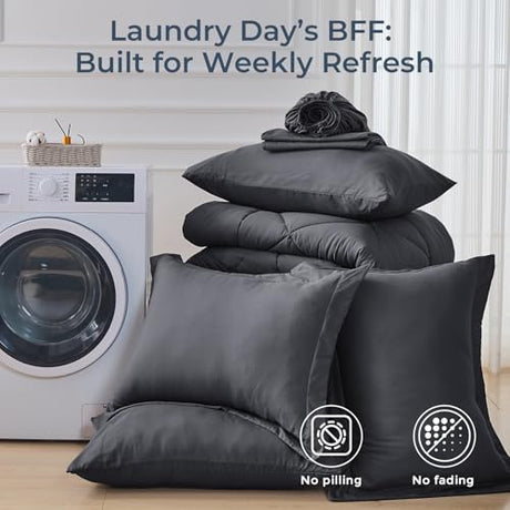 HEVUMYI Full Comforter Set - 7-Piece All Season Bed in a Bag Full, Ultra Soft Bedding Set with Comforter, Flat Sheet, Fitted Sheet, Pillowcases, Pillow Shams, Dark Grey HEVUMYI