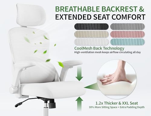 Veratric White Ergonomic Office Chair: Mesh Desk Chair Comfy with Adjustable Lumbar Support 400lbs High Back Computer Gaming Chair - Big and Tall Office Chairs with Extra Wide Seat-Adults Home Office Veratric