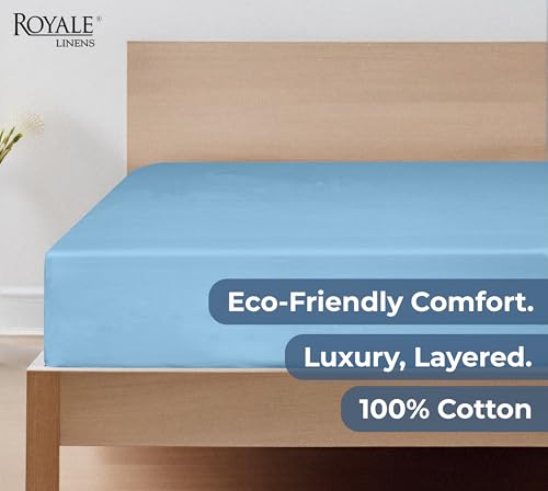 Royale Linens 100% Organic Cotton Fitted Sheet - Percale Weave - Super Soft Deep Pocket Bottom Sheets - Lake Blue Elastic Sheet Twin Size - Twin Fitted Sheets Only - (39"x75"+15", Lake Blue) ROYALE LINENS