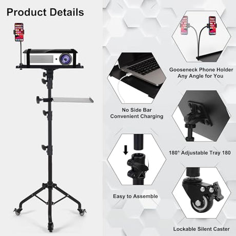 Tossbiss Laptop Tripod on Wheels with 2 Shelves, Portable Projector Floor Stand Adjustable Height 25.9 to 51.8 Inch with Phone Holder Tossbiss