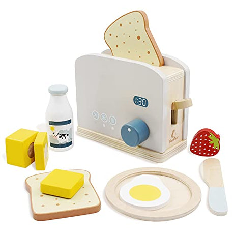 PairPear Pop up Toaster Play Kitchen Playset - Wooden Toy Food 11 Accessories for Kids PairPear
