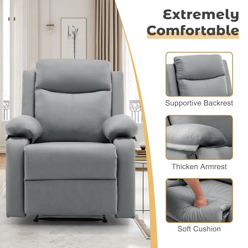 Korser Recliner Chair for Adults, Small Recliners for Small Spaces, Nursery Recliner with Adjustable Backrest, Manual Recliner with Cup Holders and Side Pockets, Chair for Living Room, Lightgrey