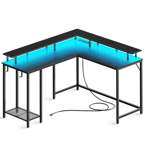 SUPERJARE Desk L Shaped Gaming Desk with LED Lights & Power Outlets, Computer Desk with Monitor Stand, Home Office Desk Corner Desk with Headphone Hooks, Black - WoodArtSupply