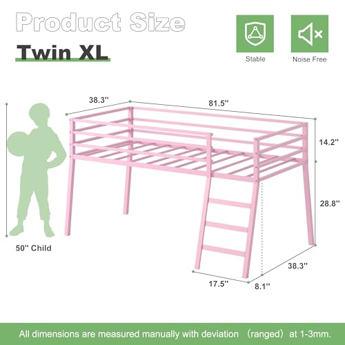 Lutown-Teen 43 inch High Metal Twin XL Loft Bed with Stairs and Guardrail for Juniors, Space Saving Loft Bed for Small Bedroom, Pink Lutown-Teen