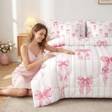 Erosebridal Pink Ribbon Bowknot Bed in A Bag with Sheets for Girls Kids Teens Women Princess Satin Bow Full Comforter Set 7 Piece Kawaii Coquette Bedding Set Pink Stripes Bed Set Erosebridal