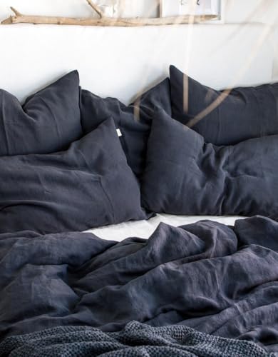 Ghasiram Textiles, Graphite Blue Linen Bedding Set - Duvet Cover & 2 Pillowcases - King Queen Full Double Twin Single - Anthracite Gray Blue Washed Soft Linen (Queen XL 90x98) Generic