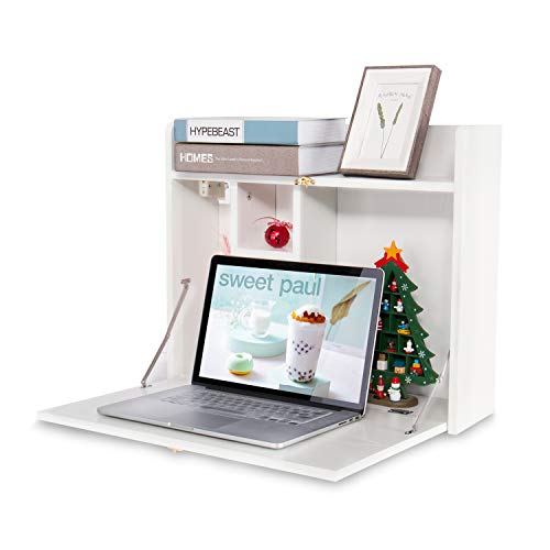 YUSING Wall Mounted Table, Multifunctional Fold Down Wall Mounted Laptop Computer Desk with Storage Compartments for Home, Office, White YU YUSING