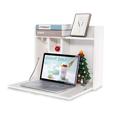 YUSING Wall Mounted Table, Multifunctional Fold Down Wall Mounted Laptop Computer Desk with Storage Compartments for Home, Office, White YU YUSING