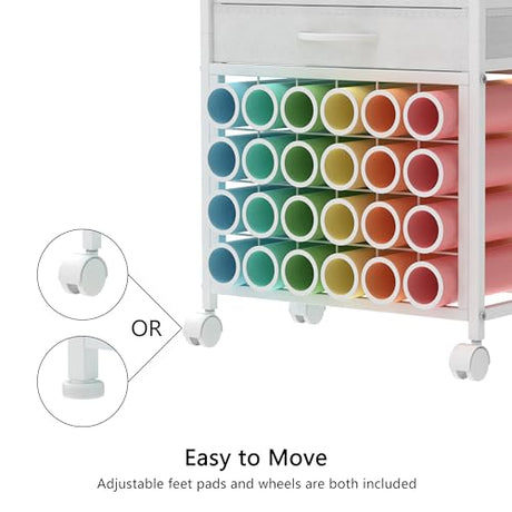 VENNQD Organizer and Storage Stand Compatible with Cricut Machines,Rolling Storage Cart/Shelf with 24 Vinyl Roll Holders，2 Fabric Drawer,Accessories Holder,Tool Hook for Craft Room Home (white) VENNQD