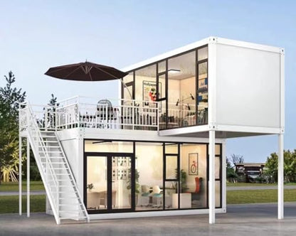 2 Room Customized Container Houses Two-Story Villas Prefab Tiny Homes to Live in for Adults Mini Foldable Mobile Home Modular Guest Homes kit casas prefabricadas para Vivir, Stair Terrace guardrail