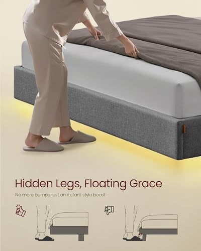 VASAGLE Queen Size Floating Bed Frame with LED Lights, Upholstered Queen Bed Frame with Charging Station, Tufted Storage Headboard, Noise-Free, No Box Spring Needed, Light Gray URMB851G01SV1 VASAGLE