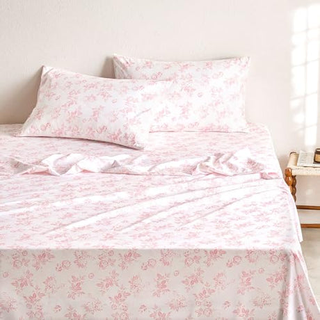 Wake In Cloud - Floral Bed Sheets, 4-Piece Sheet Set, Shabby Chic Botanical Coquette Cottagecore Vintage Flower Pattern Printed Bedding, Deep Pocket, Pink, Twin Size Wake In Cloud