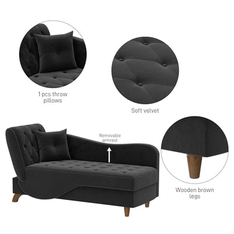 DAMAIFROM Chaise Lounge Chair Indoor with Storage, Adjustable Armrest Recling Reading Chair Sleeper Sofa Bed with Pillow, 3 in 1 Velvet Futon Lounge Chair for Living Room Playroom, Black DAMAIFROM