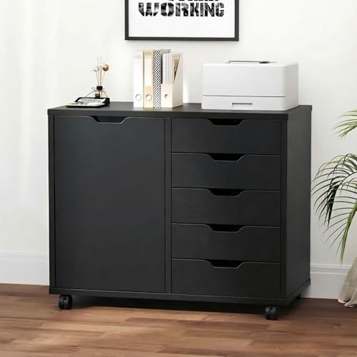 DUMOS 5 Drawer File Cabinet Office Drawers Organizer with Wheels Rolliing, Under Desk Cabinets with Shelves and Door Printer Stand with Wood Board Metal Frame for Home Office Storage Craft Room, Black DUMOS